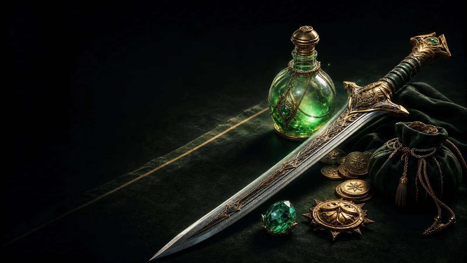 A fantasy sword, potion, coins, and gem arranged on a dark green table